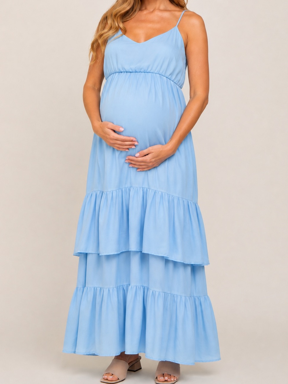 PinkBlush Blue Tiered Ruffle Maternity Maxi Dress Baby Shower Photoshoot - M